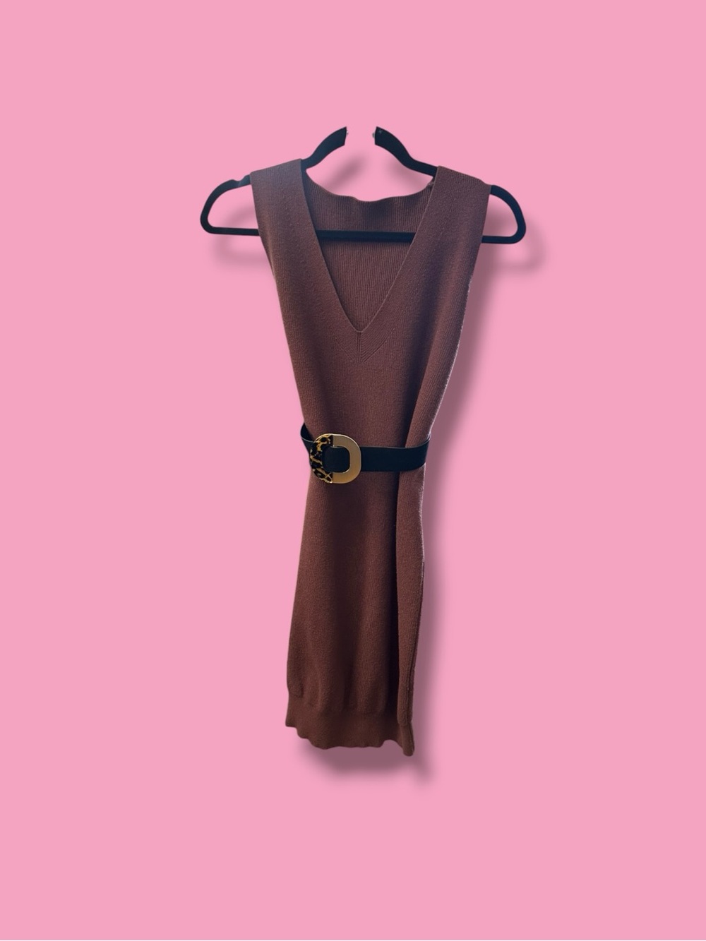 Sleeveless Knit Midi Dress with Decorative Belt - Brown
